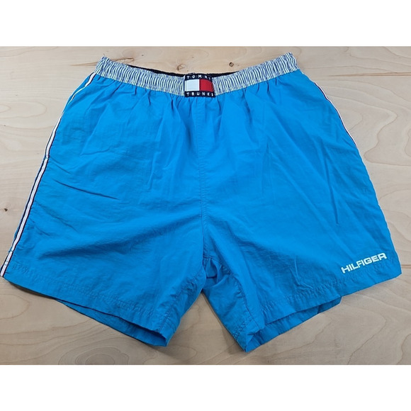 Vtg 90s Tommy Hilfiger Mens L Striped Spell Out Lined Swim Trunks Shorts Blue - Picture 1 of 12
